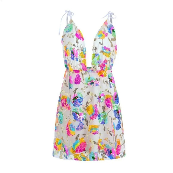 NEW! Embroidered Sequin Floral Sequin Plunging V-Neck Halter Mini Dress - Picture 10 of 14